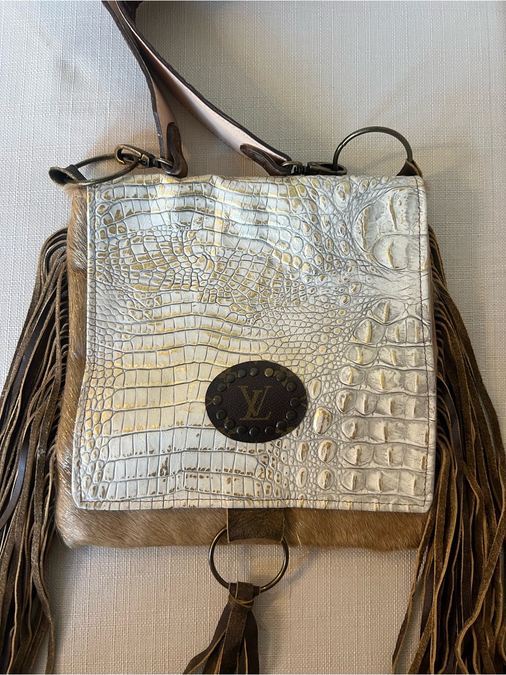 LV Silver Croc-Embossed Fringe Shoulder Bag with Brown Accents